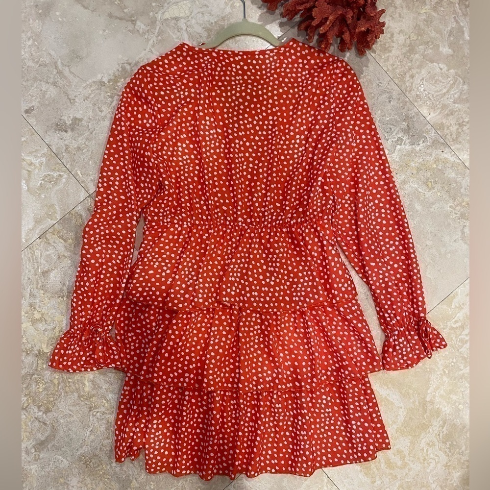 NWOT Long Sleeve Orange Ruffle dress w/white polkadots & elastic sleeves/waist M - Picture 6 of 7